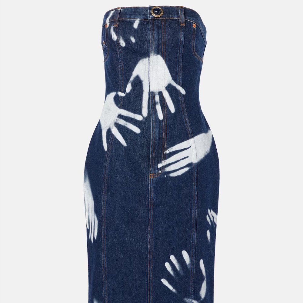 AREA Handprint Denim Strapless dress with Button Detail